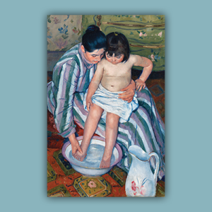 Portrait of a mother holding a child in her lap and washing its feet.