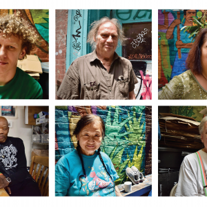 The image is a collage of many people who are a part of the Catholic Worker community 