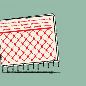 Illustration of a chained link fence and barbed wire. 