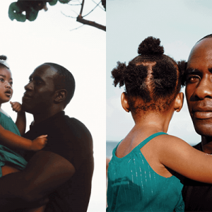 Two photos of Charles Rodgers lovingly holding his young daughter Mia