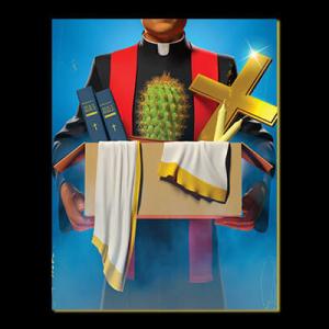 Illustration of a vestment-clad clergy-member carrying a box with candles, a cactus, cross, and two Bibles