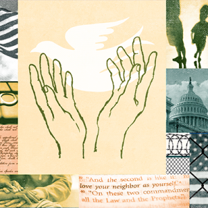 Collage of images: American flag, outreaching hands, shadows of children, capitol building, and hand cuffs.