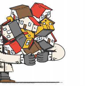 An illustration of an anonymous man in a trench coat holding a bunch of houses in his arms.