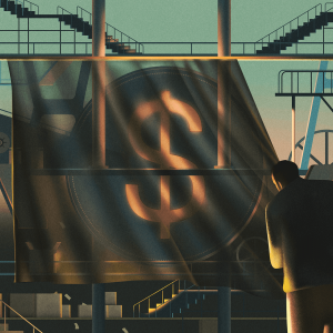 Illustration of an industrial plant with a shadowy figure raising a flag with a money symbol
