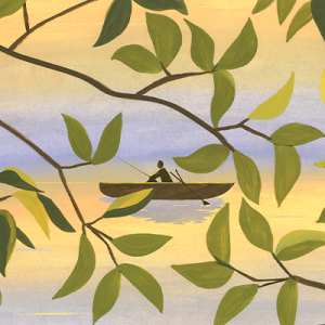 Illustration of a lone man riding in a canoe, hidden behind branches of a pear tree.