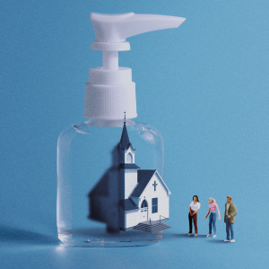 A graphic of a church building inside of a hand sanitizer bottle. There are people outside looking at the building.