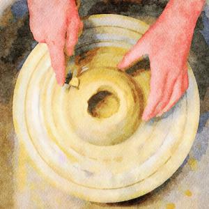 A painting of a white person's hands carefully molding cyclical contours into tan-colored clay.