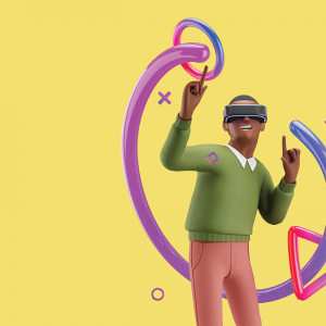 A 3D cartoon illustration of a Black man points to the sky with a smile as he wears a virtual reality headset. He is surrounded by vibrant shapes.