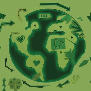 A simplified illustration of the Earth drawn in different shades of green. Hearts are drawn on different continents and arrows circle and surround the globe. Houses and plants are drawn just below the world.