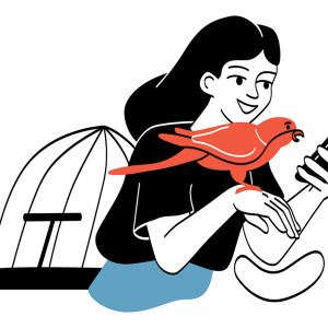 An illustration of a woman with a bird perched on her outstretched hand as she looks at her phone.