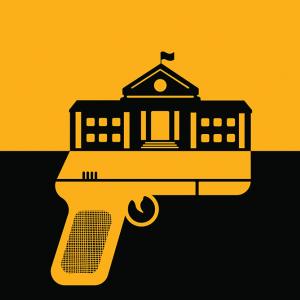 An illustration with a horizontally split background, the upper half in yellow and lower half in black. A yellow pistol is layered over the latter, and a black outline of a school is layered over the former, resting on top of the gun.