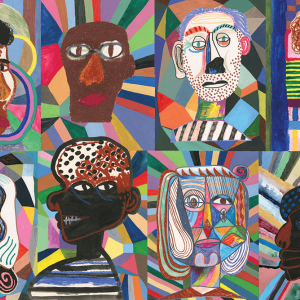Two rows of four faces are overlaid on geometric backgrounds; illustrated faces are white, orange, medium-brown, and dark brown. Background includes lines and blocks of green, shades of blue, pink, and other bright geometric shapes.
