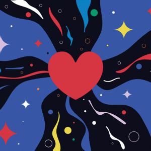 An illustration of a red cartoon heart with black streams flowing from it against a blue backdrop. Diamond-shaped stars and circles in green, red, yellow, and purple sparkle all around the heart.
