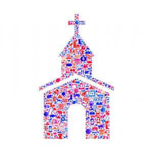 A front-view illustration of a church with an open door and steeple with a cross on top. The church is made out of a collage of red and blue American symbols like dollar bills, a cowboy's hat and boots, sports balls, the American flag, stars, etc.