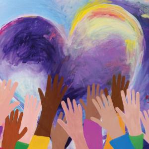A painting of hands with various skin tones reaching up to a heart swirling with purple and yellow brush strokes.