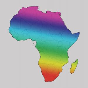 An illustration of Africa filled in with a rainbow gradient cast against a gray backdrop.