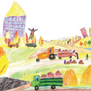A children's crayon drawing showing a truck and tractor parked on hills as people load up carts of apples. On the horizon, there are autumn trees and hay bales amid multi-colored towers and a transmission tower.