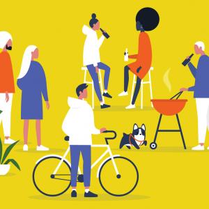A minimalist cartoon of people at a party. A man and woman stand together to the left next to some plants, a man cooks on a grill to the right, two women sit in chairs while drinking beer in the upper center, and a man holds his bike in the lower center.