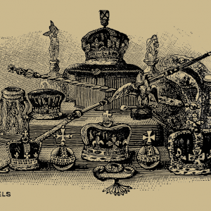 A black-and-white illustration of crowns, swords, and globus cruciger laid out on a table.