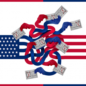 An American flag with blue and red lines in the shape of arms, tangled together with hands holding voter ballots.
