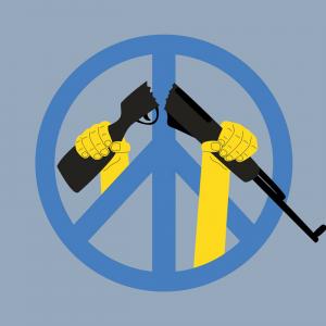 An illustration of a blue peace symbol with two yellow hands raised to the sky in the center, which are each holding both halves of a broken rifle.