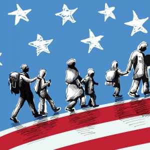 An illustration of pairs of migrants, depicted in shades of black and white and grey, wearing backpacks and walking in a line, superimposed over an in-color American flag.