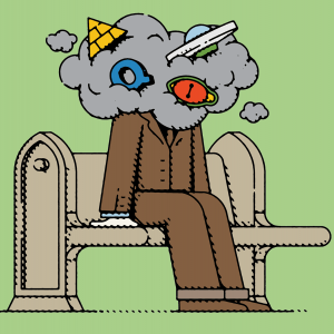 Illustration of a person sitting on a pew with a cloud around their head with Q and other conspiracy symbols