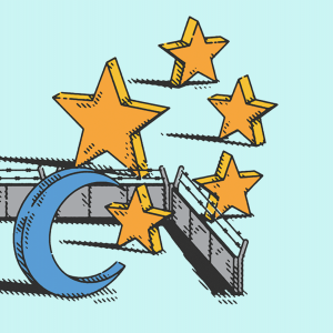 Illustration of the Islamic crescent and stars separated by a barbed wire fence