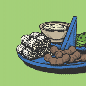 An illustration of a plate filled with tamarind pods, cacti, and tamales