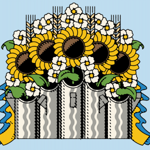 Illustration of sunflowers growing out of gun barrels surrounded by blue and yellow
