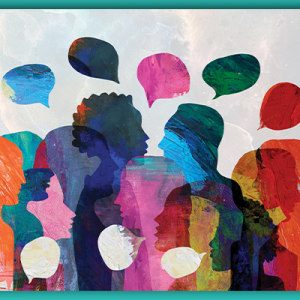 Illustration of multiple layered, colorful profiles of people talking to each other with text bubbles floating through the air.
