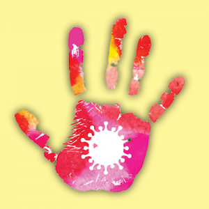 Illustration of handprint with coronavirus in the middle of the palm.