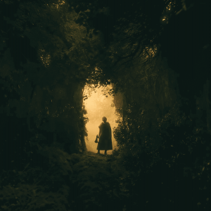 A robed figure stairs through a bright opening in the trees of a dark forest