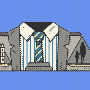 Illustration of a suit jacket where the scales of justice, containing the church and the figures of an adult and child, hang off the shoulders