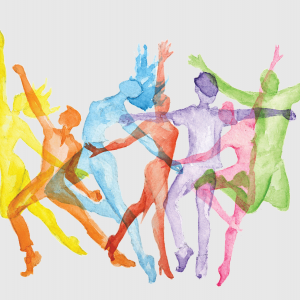 The illustration shows a group of colorful bodies dancing. 