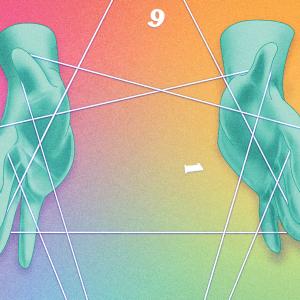 An illustration of blue disembodied hands pulling white strings in various directions in the shape of the Enneagram symbol. The background is a mixture of bright pastel colors of the rainbow.