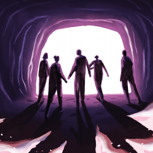 Illustration of a family holding hands, walking out of a cave.