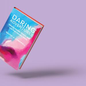 The book ‘Daring Adventures: Helping Gender-Diverse Kids and Their Families Thrive’ has a cover with swirling paint strokes of blue and pink. The book is hovering at an angle, cast against a light purple backdrop.