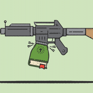 Illustration of a Bible replacing the magazine of an assault rifle