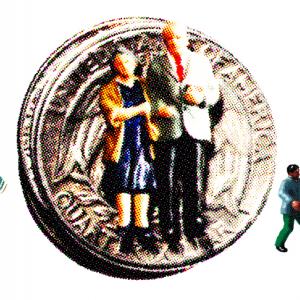 A picture of a well-dressed heterosexual couple as tiny figurines, standing in front of a large quarter. Smaller figurines of a white man carrying a dollar bill, and a black man carting around a dollar bill, are in the lower left and right corners.