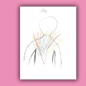 Colorful scribbles bursting out of a drawn heart within a human frame.