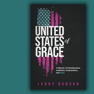 The cover of "United States of Grace" has an American flag that looks like it is emerging from shadows and is rough around the edges.
