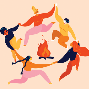 The illustration is of a group of people dancing around a campfire. 