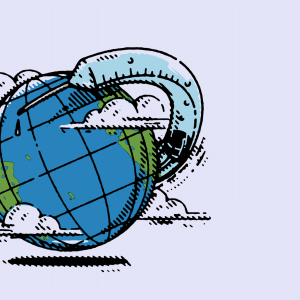 Illustration of a globe with a vaccine vial wrapped around it.