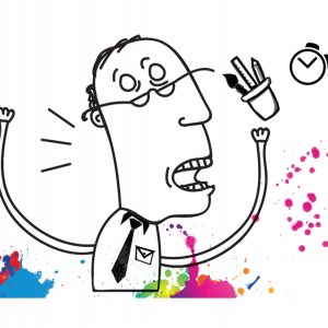 A line drawing of Ed Spivey throwing a jar of pens and notebook with colorful splatters along the bottom of the frame.