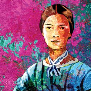 An illustration of Emily Dickinson: a white woman with brown hair in a blue dress and blue and white short neckscarf. Pink, turquoise, and teal paint is splattered across the background.