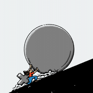 An illustration of a woman pushing a giant boulder up a hill.