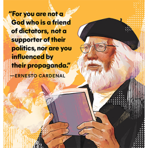 Illustration of Ernesto Cardenal wearing a beret and holding up a book.