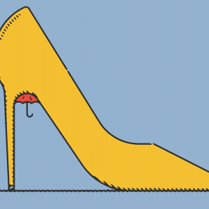Illustration of a small red umbrella in the arch of a yellow stiletto