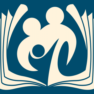 The image shows an abstraction of two adult shapes holding a smaller child shape, overlayed on an open book. 